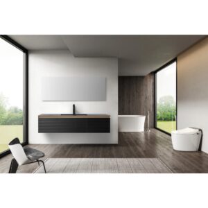 A modern, minimalist bathroom with large windows features an Oslo 60 Inch Wall Mount Single Bathroom Vanity beneath a wide mirror, a freestanding bathtub, and a contemporary toilet. Wood flooring and white walls offer serene outdoor views.