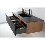 The Oslo 60 Inch Wall Mount Single Bathroom Vanity features a black countertop with integrated sink, sleek black faucet, wood finish, and two open drawers organized for towels and toiletries.