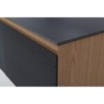 Close-up of an Oslo 60 Inch Wall Mount Single Bathroom Vanity corner, highlighting the textured black top and front panel with horizontal grooves, paired with light wood sides featuring a natural grain finish.