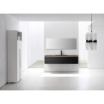 Minimalist bathroom featuring an Oslo 60 Inch Wall Mount Single Bathroom Vanity, rectangular mirror, modern black faucet, pendant light, and tall white cabinet set against white walls and flooring with soft natural light.