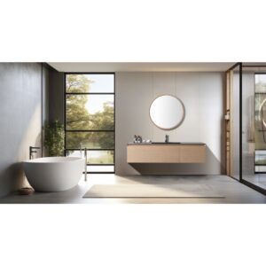 Modern bathroom with a freestanding oval tub, floor-to-ceiling window, and an Oslo 60 Inch Wall Mount Single Bathroom Vanity topped with a round mirror. Light gray walls and soft natural light create an inviting, serene atmosphere.
