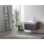 Modern bathroom with a Ronda 30 Inch Wall Mount Bathroom Vanity with vessel sink and sleek faucet. A ladder towel rack and houseplant sit by a large window with greenery outside. Light gray rug on smooth flooring.