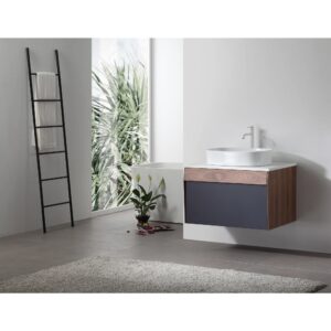 Modern bathroom with a Ronda 30 Inch Wall Mount Bathroom Vanity with vessel sink and sleek faucet. A ladder towel rack and houseplant sit by a large window with greenery outside. Light gray rug on smooth flooring.