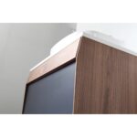 Close-up of the top corner of a Ronda 30 Inch Wall Mount Bathroom Vanity With Vessel Sink, showing a dark front panel, wooden sides, and a white top, set against a plain white background.