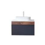 The Ronda 30 Inch Wall Mount Bathroom Vanity With Vessel Sink features a sleek dark blue drawer, wood accent, white countertop, round vessel sink, and tall white faucet for a modern look.