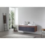 A modern minimalist bathroom showcases the Ronda 55 Inch Wall Mount Vanity with Double Vessel Sinks, dark lower cabinets, a ladder-style towel rack, large window with views of greenery, and a light rug on a sleek gray floor.