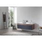 A modern minimalist bathroom showcases the Ronda 55 Inch Wall Mount Vanity with Double Vessel Sinks, dark lower cabinets, a ladder-style towel rack, large window with views of greenery, and a light rug on a sleek gray floor.