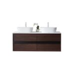 The Sintra 55 Inch Wall Mount Vanity with Double Vessel Sinks features a dark wood finish, two white vessel sinks with faucets, a minimalist design, and four drawers. A small potted orchid sits between the sinks for added style.