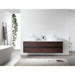 Minimalist bathroom with a Sintra 72 Inch Wall Mount Vanity with Double Vessel Sinks, ladder towel rack, freestanding tub, large rug, and light gray walls. A leafy plant sits by the window.