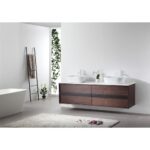 Modern bathroom with a floating Sintra 72 Inch Wall Mount Vanity with Double Vessel Sinks, rectangular bathtub, ladder towel rack, potted plant, white walls, and light gray rug.