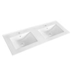 Rectangular white integrated sink features double basins, pre-drilled faucet hole, and is shown from a slightly angled view against a white background.