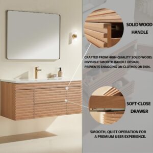 A bathroom featuring a mirror, sink, and the stylish Linea 48 Inch Wall Mounted Bathroom Vanity.