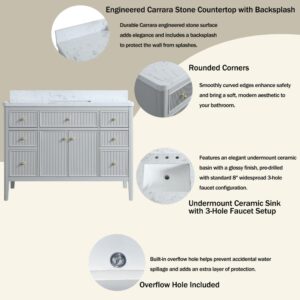 Product features for the Aveline 48 Inch Freestanding Bathroom Vanity With Top include a gray finish, Carrara stone countertop and backsplash, rounded corners, ceramic sink with overflow, and pre-drilled holes for an 8-inch wide faucet.