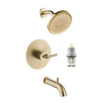 The GeoFlow Round Shower System in brushed gold features a round showerhead, wall-mounted lever handle, tub spout, and separate valve cartridge, all displayed against a white background.