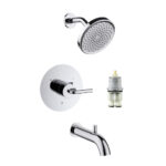 The GeoFlow Round Shower System features a chrome round showerhead, wall-mounted control handle, bath spout, and a separate small cartridge part, all shown against a white background.
