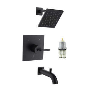 GeoFlow Square Shower System in matte black, showcasing a square showerhead, wall-mounted control on a square plate, bathtub spout, and white valve cartridge—all set against a crisp white background.