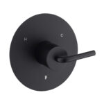 The GeoFlow Round Shower System features a matte black valve handle on a round plate, with H and C labels for hot and cold.