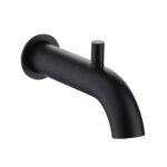 The GeoFlow Round Shower System features a matte black, wall-mounted bathtub spout with a rounded design and a lift-up diverter on top.