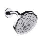 The GeoFlow Round Shower System is a chrome wall-mounted showerhead with a round, flat face featuring multiple small water nozzles in concentric circles.