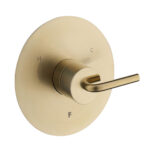 The GeoFlow Round Shower System features a brushed gold valve with a single lever handle on a round plate marked H for hot and C for cold.