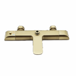 Gold-colored modern faucet mixer with central spout and two top-mounted hexagonal knobs featuring hot/cold temperature indicators, perfectly matches the Zen Thermostatic Shower Pipe System. Displayed on a plain white background.