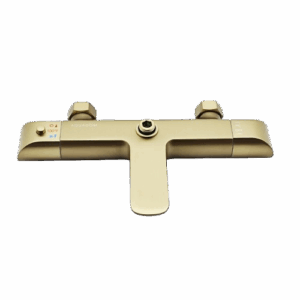 Gold-colored modern faucet mixer with central spout and two top-mounted hexagonal knobs featuring hot/cold temperature indicators, perfectly matches the Zen Thermostatic Shower Pipe System. Displayed on a plain white background.