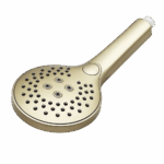 A gold handheld shower head with multiple spray nozzles, designed for the Zen Thermostatic Shower Pipe System, is shown against a plain white background.