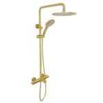 The Zen Thermostatic Shower Pipe System includes a gold finish, a large round overhead showerhead, a handheld shower with flexible hose, and a wall-mounted control panel for precise temperature control.