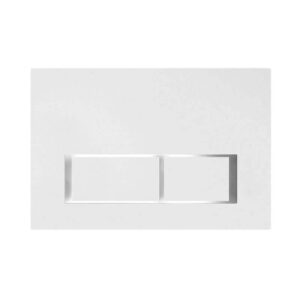 A sleek, white rectangular flush plate with two slim silver buttons, designed to match the modern style of the Dakota Wall Hung Toilet.