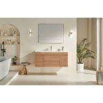 Minimalist bathroom featuring the Linea 48 Inch Wall Mounted Bathroom Vanity, a rectangular mirror, modern lighting, potted plant, decorative shelves, and a white freestanding tub in a bright, neutral-toned space.
