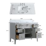 The Aveline 48 Inch Freestanding Bathroom Vanity With Top showcases a gray finish, gold knobs, and white countertop. Shown open, it reveals spacious drawers and cabinets with labeled sink and countertop dimensions above.