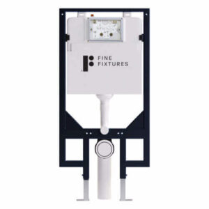 The Dakota Wall Hung Toilet features a wall-mounted concealed tank with the Fine Fixtures logo, a white tank, exposed flush pipe, and black metal support frame for behind-the-wall installation.