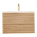 The Linea 30 Inch Wall Mounted Bathroom Vanity has a modern horizontal slatted light wood finish, a white countertop, and a single centered faucet.