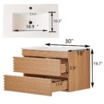 The Linea 30 Inch Wall Mounted Bathroom Vanity comes with two drawers, a white sink, and measures 30W x 18D x 19.7H. The sink is 18.9 wide, with the faucet hole positioned 5.3 from the back.