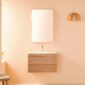 Minimalist bathroom with soft beige walls, a Linea 30 Inch Wall Mounted Bathroom Vanity and sink, large rectangular mirror, gold faucet, reed diffuser on the vanity top, and a hanging wooden light fixture.