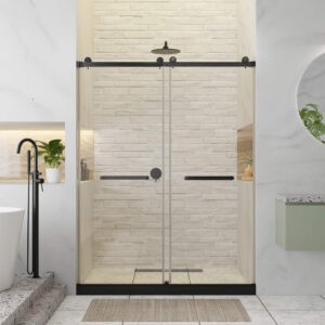 A modern bathroom with a Shower Door Double Sliding Frameless enclosure, white brick wall, black showerhead, two potted plants on built-in shelves, round mirror, freestanding tub with black faucet, and a beige rug on the floor.