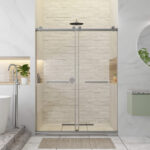 Modern bathroom featuring the Shower Door Double Sliding Frameless enclosure, a white brick wall, rain shower overhead, built-in shelves with plants, freestanding tub, round mirror above a green vanity, and a beige rug on the floor.