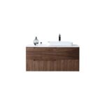 The Orsa 48 Inch Wall Mount Bathroom Vanity With Vessel Sink features a modern wood grain finish, a white rectangular sink, sleek black faucet, and decorative vases on the countertop.