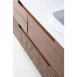 Close-up of the Orsa 48 Inch Wall Mount Bathroom Vanity With Vessel Sink, showcasing horizontal textured wood grain doors with integrated handle grooves, a white countertop, and a rectangular vessel sink.