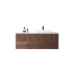 The Orsa 60 Inch Wall Mount Bathroom Vanity With Vessel Sink features a modern rectangular white vessel sink, a sleek faucet, and two decorative items on its flat top. Its cabinet displays horizontal wood slats in a rich brown finish.