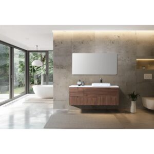 Modern bathroom with minimalist decor features the Orsa 60 Inch Wall Mount Bathroom Vanity With Vessel Sink and a large wall mirror. A freestanding bathtub stands near floor-to-ceiling windows offering views of lush greenery.