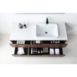 Overhead view of the Orsa 60 Inch Wall Mount Bathroom Vanity With Vessel Sink, showcasing a white rectangular sink, soap dispenser, and two open drawers with neatly organized towels and toiletries in a wooden cabinet.
