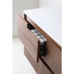 A close-up of the Orsa 60 Inch Wall Mount Bathroom Vanity With Vessel Sink shows a white countertop, an open drawer with a grid-patterned black and white organizer, and horizontal grooves accenting the modern wooden surface.