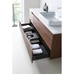The Orsa 60 Inch Wall Mount Bathroom Vanity With Vessel Sink features two open drawers for organizing towels and toiletries beneath a sleek white countertop and modern rectangular sink.