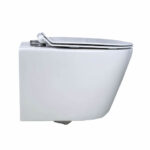 Side view of a modern Dakota Wall Hung Toilet in white with a closed lid, wall-mounted and isolated on a plain white background.