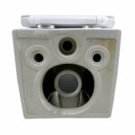 A close-up of the Dakota Wall Hung Toilet, featuring a rectangular gray body with three circular holes, a large central opening, rounded edges, and a white plastic top piece.