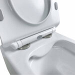 Close-up of a Dakota Wall Hung Toilet with the seat lifted, revealing a cylindrical bidet attachment installed at the back of the bowl.