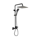 The Zen Thermostatic Shower Pipe System includes a black square overhead rain shower, a matching handheld showerhead on a sliding rail, and a flexible hose, all connected to a wall-mounted mixer.