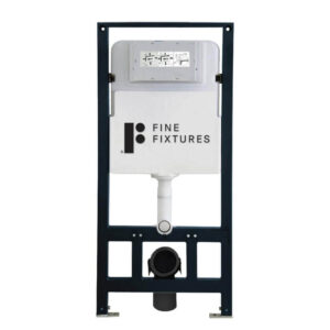 The Dakota Wall Hung Toilet features a rectangular cistern set in a black metal frame with exposed bottom plumbing connections, designed for wall-mount installation by Fine Fixtures.