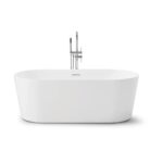 The Luma Freestanding Bathtub features rounded edges and a sleek chrome floor-mounted faucet, showcased against a plain white background.